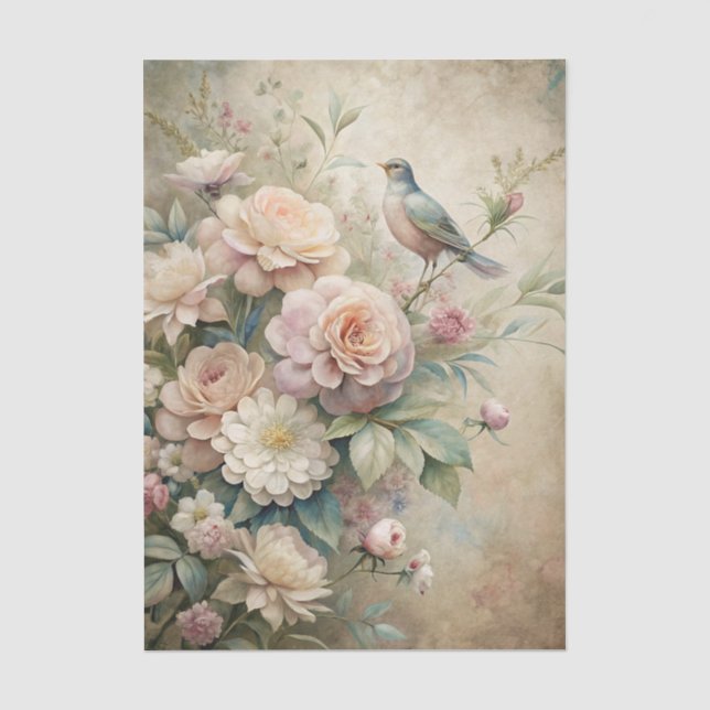 Little Bird Perched on Large Floral Bouquet Seidenpapier (Vorderseite)