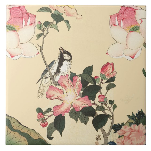 LITTLE BIRD WITH PINK ROSES AND LOTUS FLOWERS FLIESE (Vorderseite)