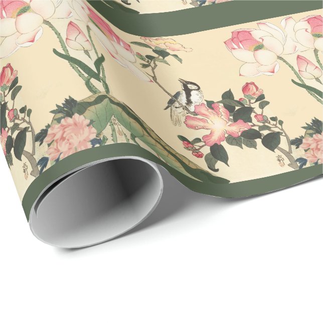 LITTLE BIRD WITH PINK ROSES AND LOTUS FLOWERS GESCHENKPAPIER (Rolleneckpunkt)