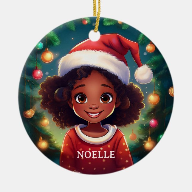 Little Black Girl Christmas Weihnachtsmannmütze Keramik Ornament (Vorne)