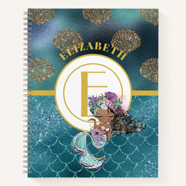 Little Black Mermaid Blue Scales Monogram Girls Notizbuch (Vorderseite)