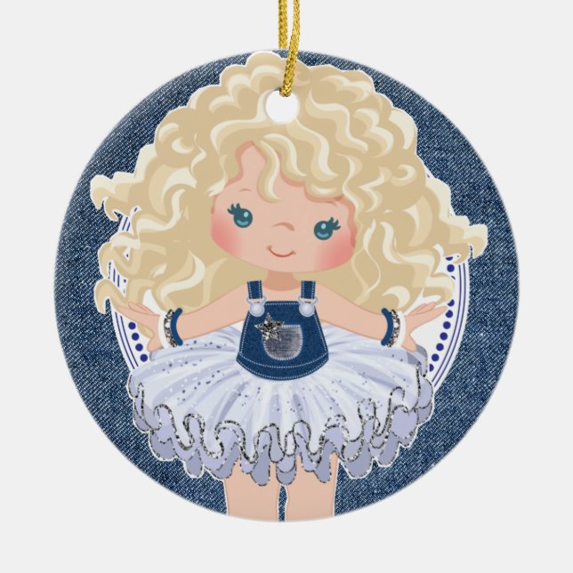Little Blonde Girl Denim & Diamonds Weihnachten Keramik Ornament (Vorne)