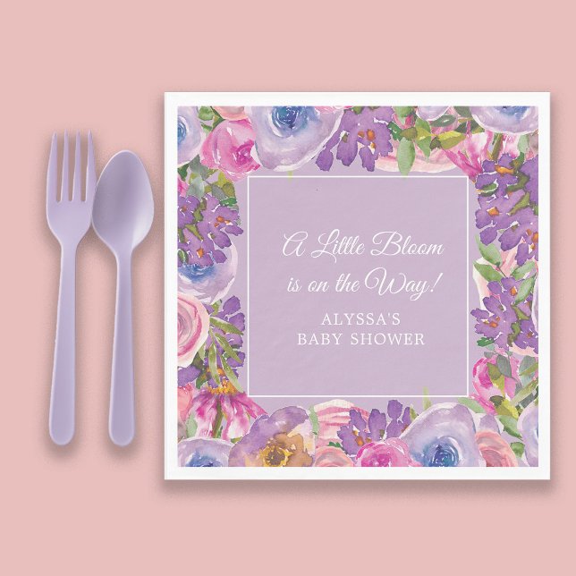 Little Bloom Lila Pink Floral Baby Dusche Serviette (Pink and purple watercolor floral "A little bloom" baby girl shower paper napkins)