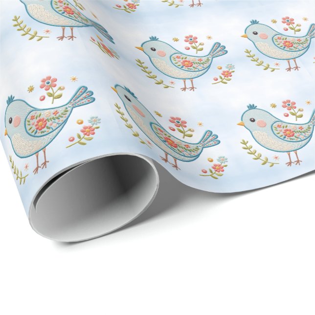 Little Blue Bird Floral Wrapping Paper Geschenkpapier (Rolleneckpunkt)