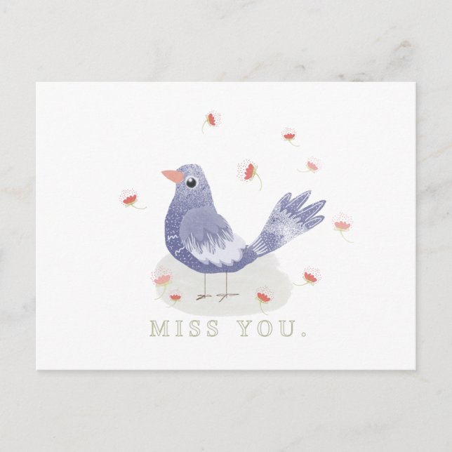 Little Blue Bird und Blume Miss You Postkarte (Vorderseite)