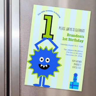 Little Blue Boy Monster 1. Geburtstag Niedlich Magneteinladung