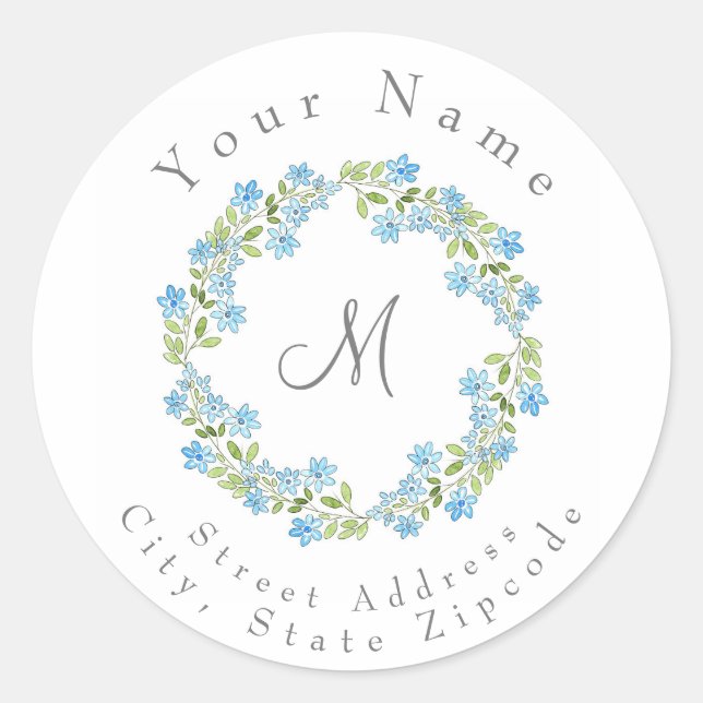 Little Blue Flowers KREath Address Label Runder Aufkleber (Vorderseite)