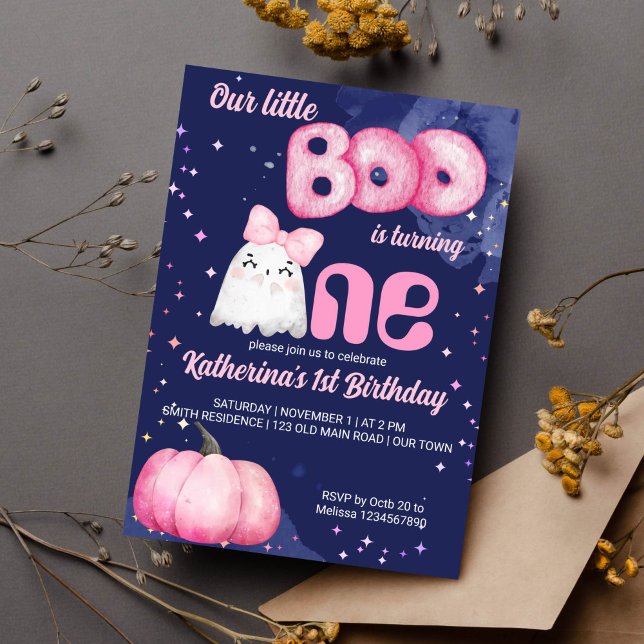 Little Bom Halloween niedlicher Mädchenturm Einladung (Little boo first birthday party invitation pink and navy blue girl baby ghost pink pumpkin)