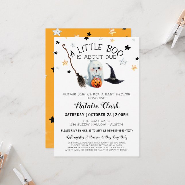 Little Boo Baby Shower Pumpkin Ghost Halloween Einladung (Vorderseite/Rückseite Beispiel)