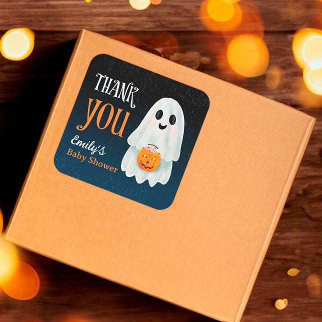 Little boo ghost pumpkin Halloween baby shower Quadratischer Aufkleber (Little boo ghost pumpkin Halloween baby shower Square Sticker)