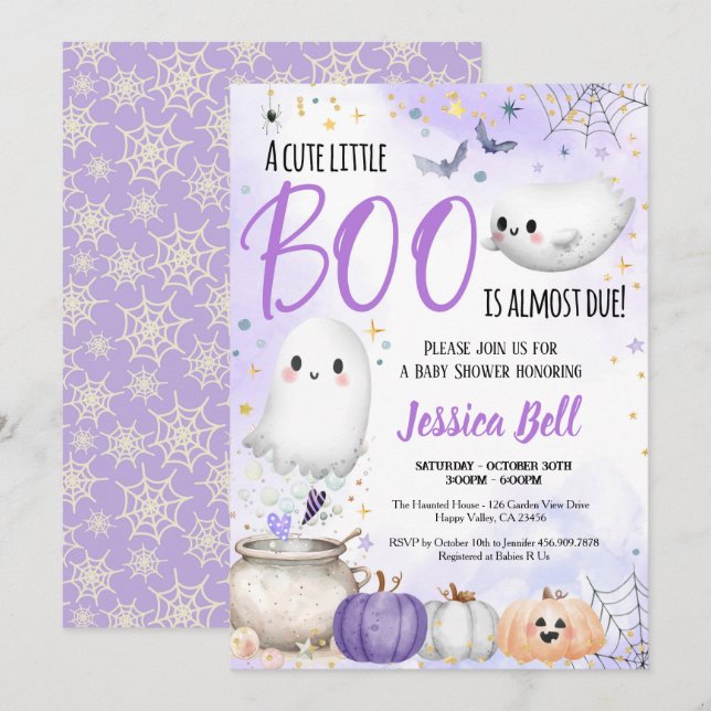 Little Boo Halloween Baby Dusche Lila Einladung (Vorne/Hinten)
