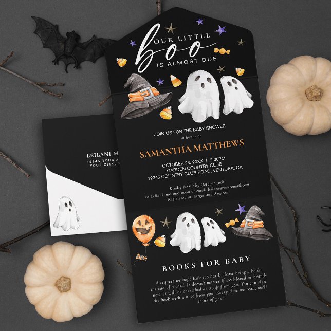 Little Boo Halloween Books für Baby Black All In One Einladung (Revel the upcoming arrival of your little ‘boo’ with a Baby Shower invite with a diaper raffle card.)