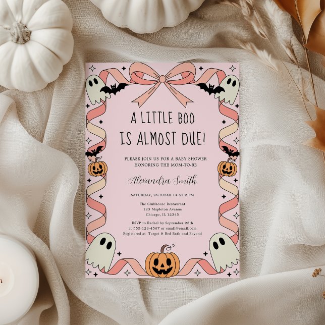 Little Boo Halloween Coquette Ribbon Babydusche Einladung (Little Boo Halloween Coquette Ribbon Baby Shower – Spooky Cute Ghost & Pink Bow Girl Show)
