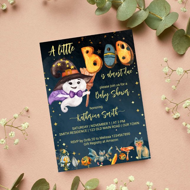 Little Boo Halloween niedliche Babyhockeydusche Einladung (Little boo Halloween baby shower template invitation cute baby ghost starry night background invite)