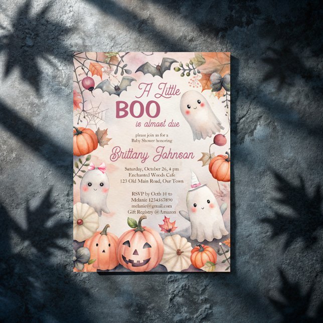 Little Boo Halloween niedliche Geisterdusche Einladung (Little boo Halloween pink cute ghosts and pumpkins baby shower Invitation template instant download)
