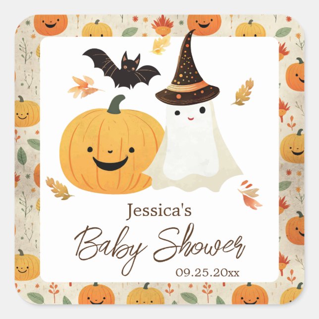 Little Boo Halloween Pattern Baby Dusche Quadratischer Aufkleber (Vorderseite)