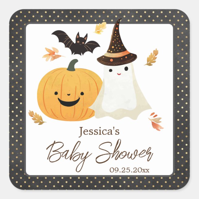 Little Boo Halloween Pollka Dot Babydusche Quadratischer Aufkleber (Vorderseite)
