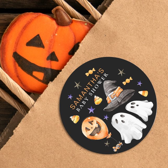 Little Boo Halloween Watercolor Babydusche Runder Aufkleber (Little Boo Baby Shower Sticker - your ultimate companion for creating lasting memories )