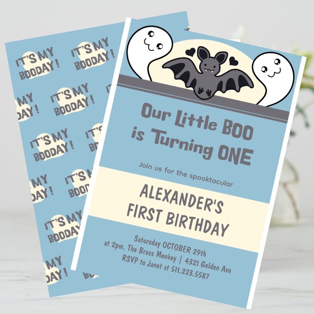 Little Boo Wende ein Niedliches Halloween 1. Gebur Einladung (Halloween-1st-birthday-Invitation-Little-boo-Turning-one-Cute-blue-1)