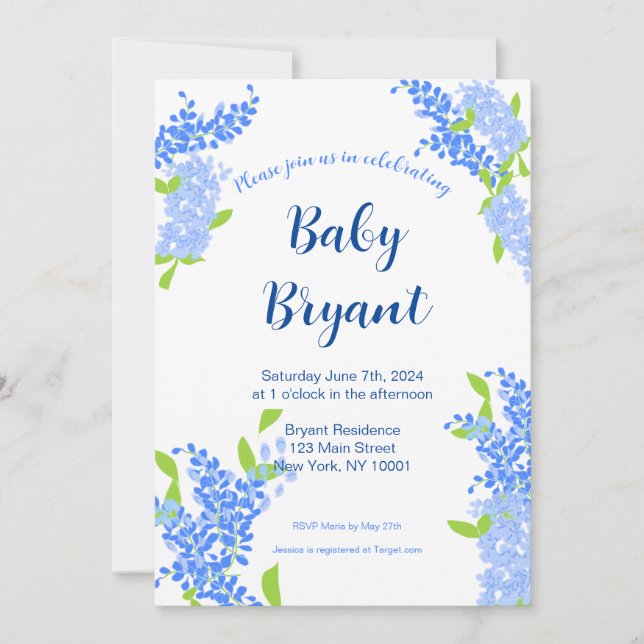 Little Boy Blue Floral Baby Dusche Einladung (Vorderseite)