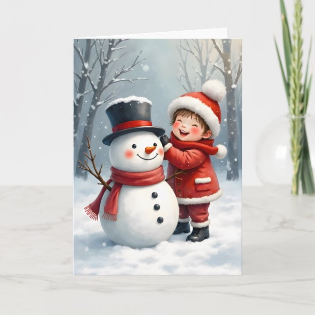 Little Boy Building a Snowman Blank Christmas  Karte (Vorderseite)