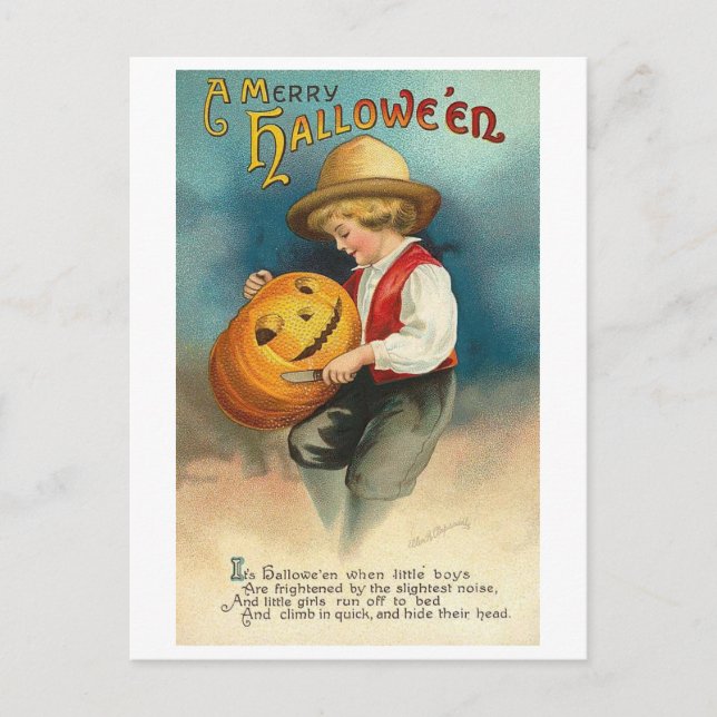 Little Boy Carving Pumpkin Postkarte (Vorderseite)