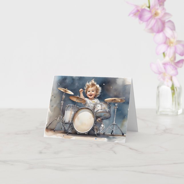 Little Boy Drummer Wasserfarbe Illustration Blank Karte (Orchidee)