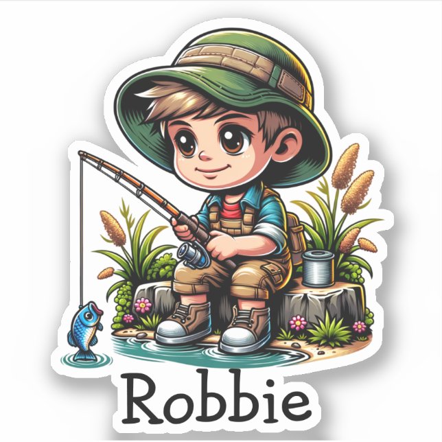 Little Boy Fishing Cartoon Personalisiert Aufkleber (Vorderseite)