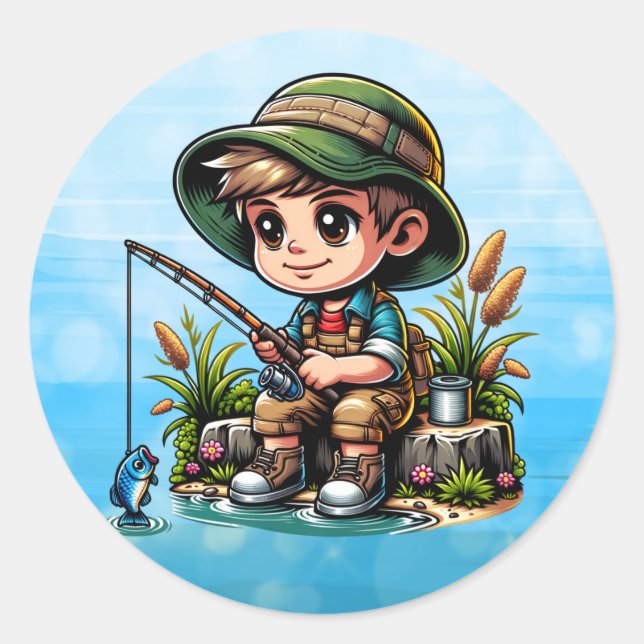 Little Boy Fishing Cartoon Runder Aufkleber (Vorderseite)
