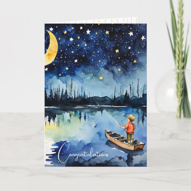 Little Boy Fishing for New Baby Gratulation Karte (Vorderseite)