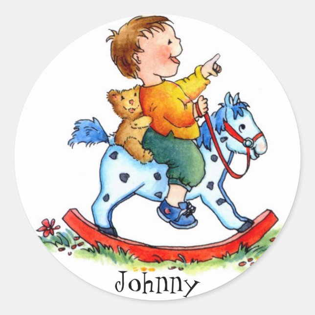 Little Boy on Rocking Horse Anpassbare Sticker (Vorderseite)