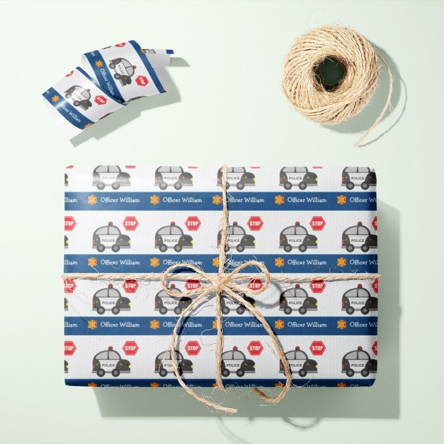 Little Boy Police Officer und Car Birthday Party Geschenkpapier (Your little police officer will love this personalized wrapping paper!)