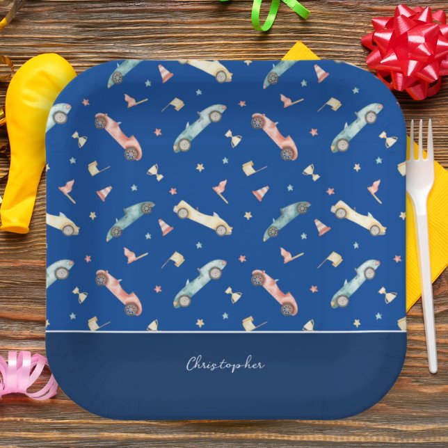 Little Boy Racing Car Watercolor Muster auf blau Pappteller (Von Creator hochgeladen)