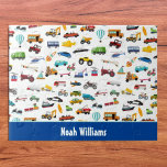 Little Boy Things That Move Vehicle Cars Pattern<br><div class="desc">Add a custom touch to your little boy's game collection with this adorable custom jigsaw puzzle that celebrates all things that move: fire trucks, police cars, helicopters and planes, trains, taxis, construction vehicles, and more! Add your son's name for a personal touch. This puzzle makes a fun personalized birthday, Christmas,...</div>