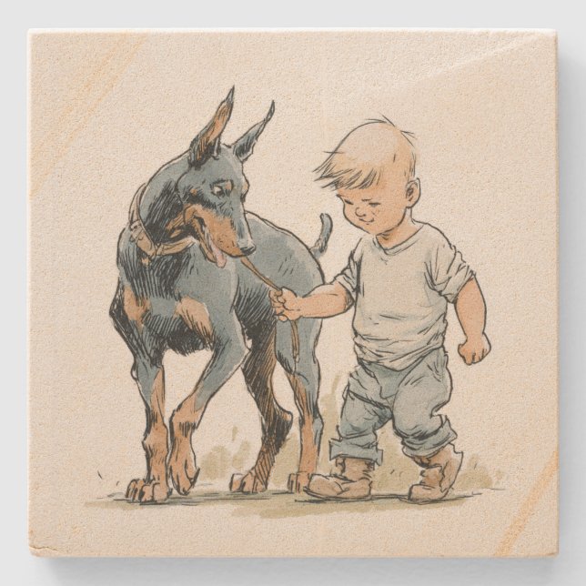 Little Boy und Dobermann beste Freunde Untersetzer (Vorderseite)