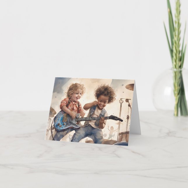 Little Boys Guitar Aquarellfarbe Illustration Blan Karte (Vorderseite)