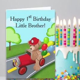 Little Brother 1st Birthday Teddy Bear Feuerwagen Karte