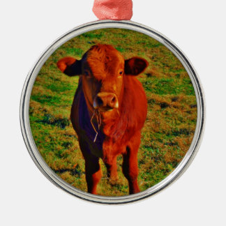 Little Brown Kuh Helle Grüngras Silbernes Ornament