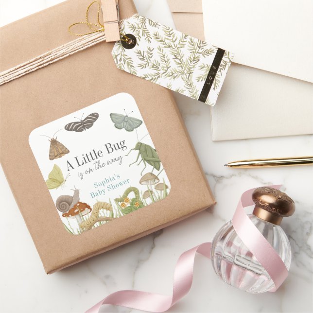 Little Bug Insects Mushroom Boy Baby Shower Quadratischer Aufkleber (Schenken)