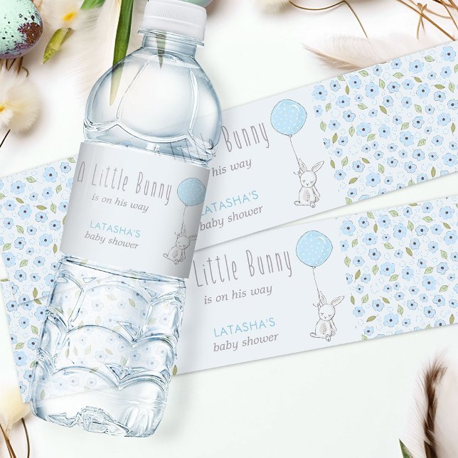 Little Bunny Blue Blume Boy Baby Dusche (Water Bottle Labels from my Little Bunny & Balloon Baby Shower collection)