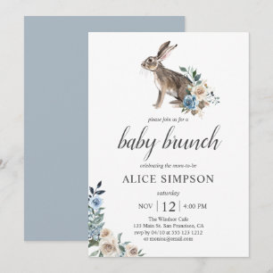 Little Bunny Boho Dust Blue Flowers Babydusche Einladung