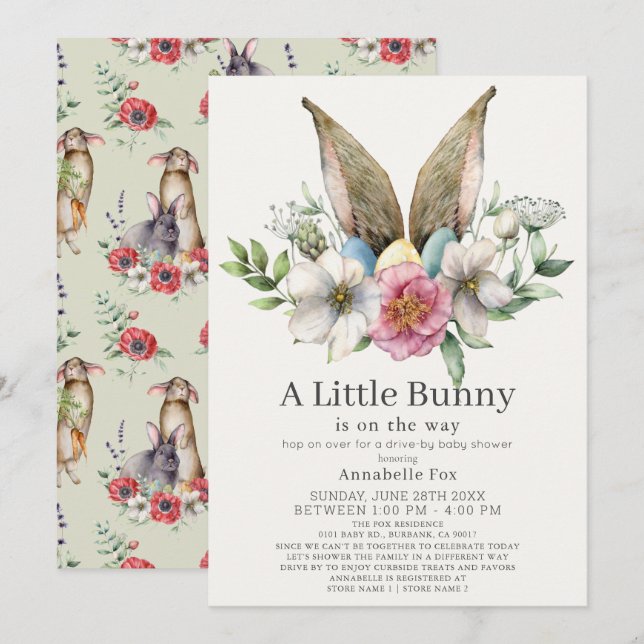 Little Bunny Ear Bloral Green Drive by Baby Shower Einladung (Vorne/Hinten)