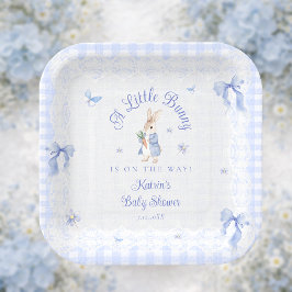 Little Bunny Gingham Blue Baby Shower Pappteller