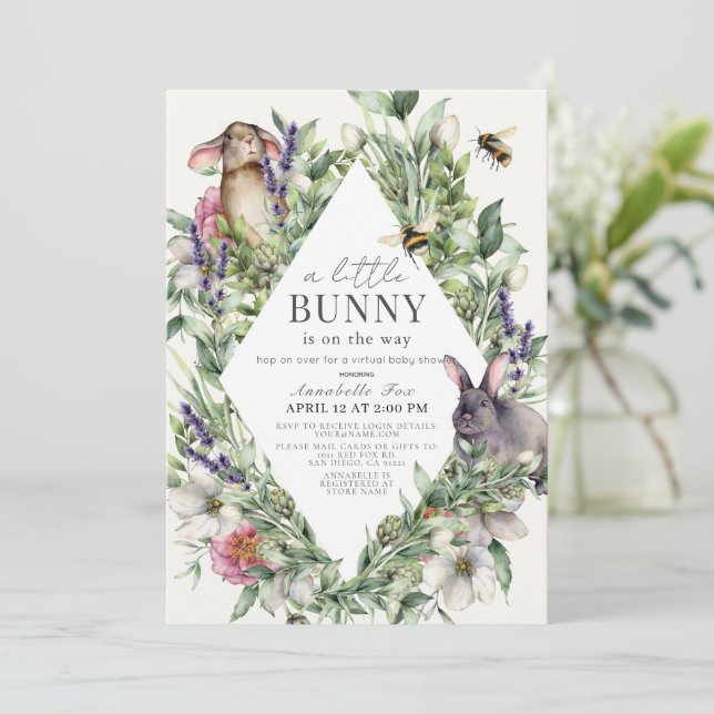 Little Bunny Greenery Rhombus Virtual Baby Dusche Einladung (Stehend Vorderseite)