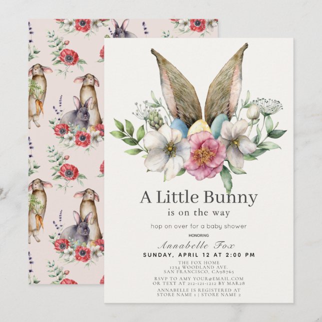 Little Bunny Oar Floral Pink Baby Dusche Einladung (Vorne/Hinten)