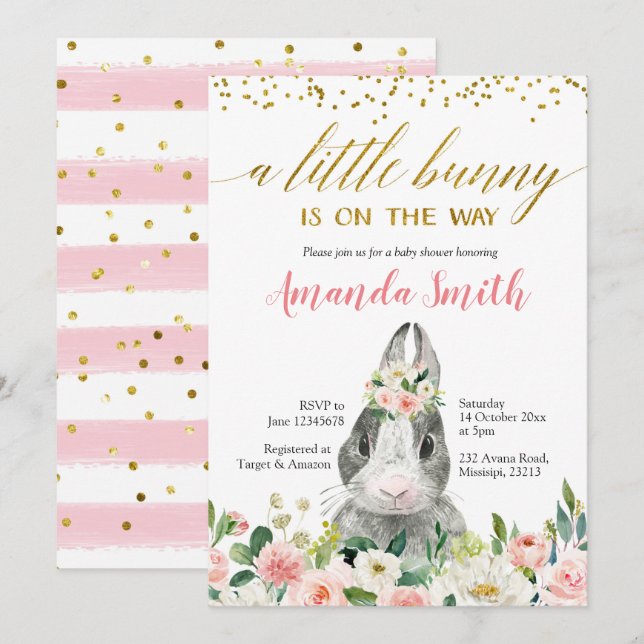 Little Bunny Spring Floral Baby Dusche Einladung (Vorne/Hinten)