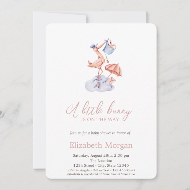 Little Bunny Stork Polka Dots Baby Shower Einladung (Vorderseite)