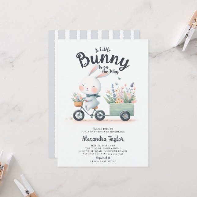 Little Bunny Wildblume Wagon Niedlich Baby Boy Dus Einladung (Vorderseite/Rückseite Beispiel)