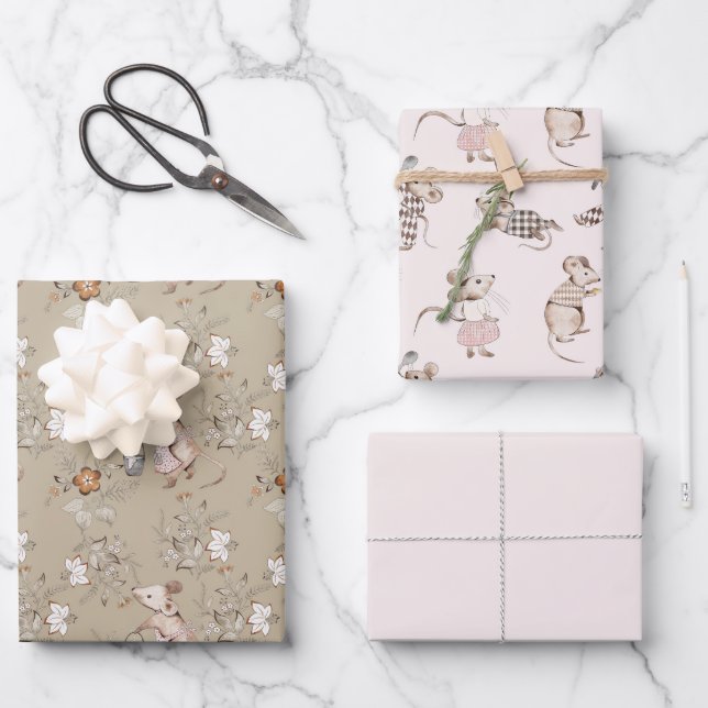 Little Busy Brown Mice Baby Geschenkpapier Set (Vorderseite)