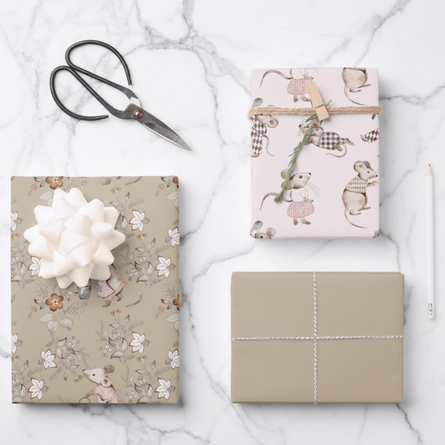 Little Busy Brown Mice Baby Geschenkpapier Set (Vorderseite)
